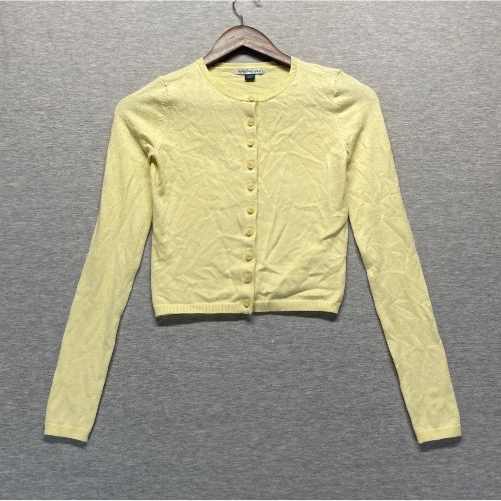American Eagle Cropped Knit Cardigan Sweater Womens XS Light Yellow Button Front